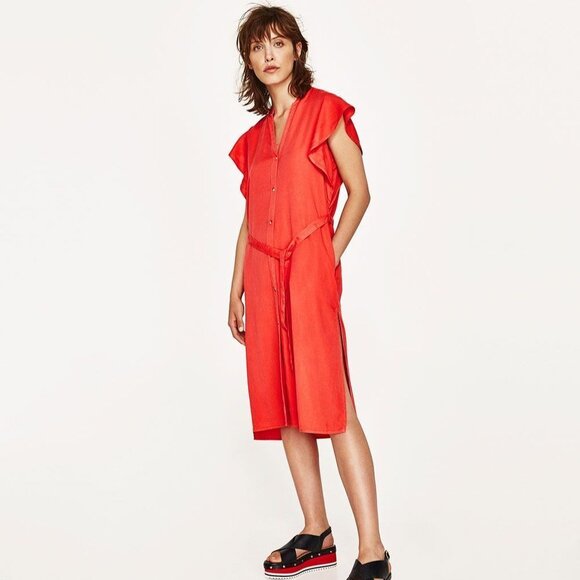 Zara Basic Button Front Shirt Dress With Frill Sleeves and Belt in Coral X-Small - Picture 1 of 7